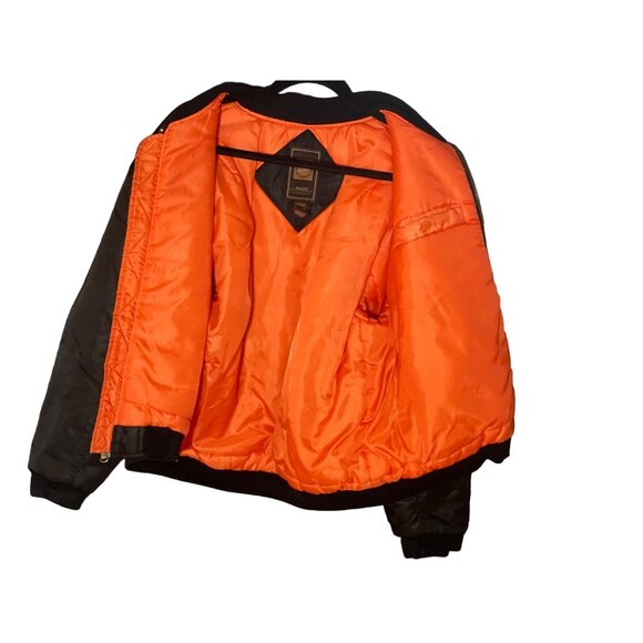 Men CLENCH JEANS Bomber Jacket L Black Orange Nylon Front Zipper  Pocket Ribbed - Picture 11 of 13